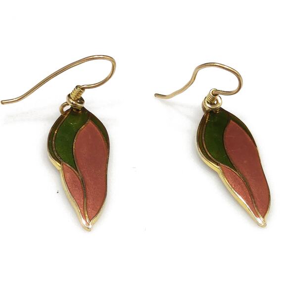 Laurel Burch "Barbee's Blossom" Earrings, Green & Dusty Pink, Gold Plated, 1980s - Picture 5 of 10
